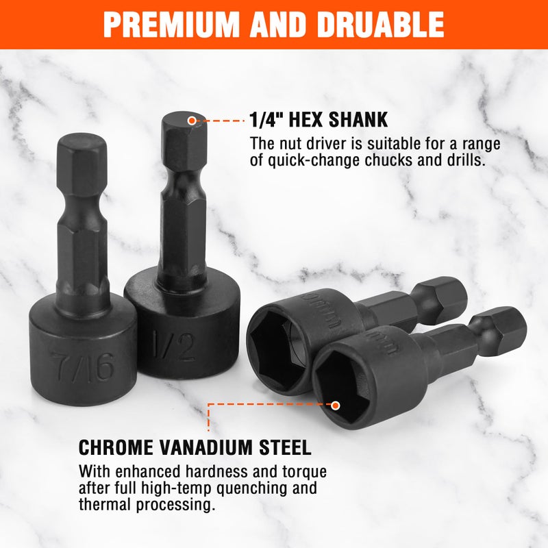 ValueMax 20 PCS Power Nut Driver Set for Impact Drill, 1/4    Hex Head Drill Bit Set SAE and Metric, 4-12mm and 5/32''-1/2'' Nut Drivers, Chrome Vanadium Steel - Image 4